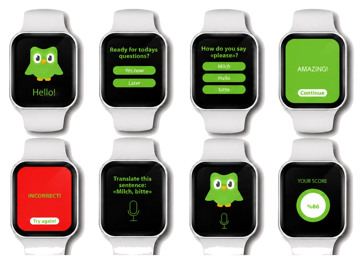 Duolingo on Apple Watch, eight screens shown as two rows of four: greeting, prompt, multiple choice, success, incorrect, voice prompt, owl, score ring